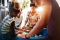 Happy black family playing game together at home