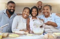 Happy black family portrait, baking or cooking education in kitchen for pizza, learning development or teaching kid in Royalty Free Stock Photo