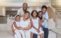 Happy black family, portrait smile and sofa relaxing together for quality bonding or break at home. Mother, father and Royalty Free Stock Photo