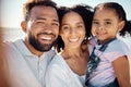 Happy, black family and smile for beach selfie in happiness together on a summer vacation in the outdoors. Portrait of a Royalty Free Stock Photo