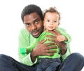 Happy black father and baby boy cuddling on isolated white background Use it for a child, parenting Royalty Free Stock Photo