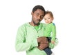 Happy black father and child boy cuddling on isolated white background. Royalty Free Stock Photo