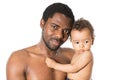 Happy black father and child boy cuddling on isolated white background. Royalty Free Stock Photo