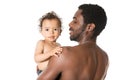 Happy black father and child boy cuddling on isolated white background. Royalty Free Stock Photo