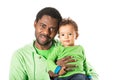 Happy black father and child boy cuddling on isolated white background. Royalty Free Stock Photo