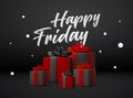 Happy Black friday banner template with gift boxes and red ribbon. 3d gift box icon isolated on background. Premium sale Royalty Free Stock Photo