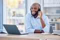 Happy black man, callcenter with phone call and contact us, communication with headset and CRM. Male consultant with