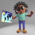 Happy black man with dreadlocks paying with his credit card, 3d illustration