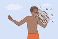 Happy black man enjoy music on stereo
