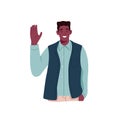 Happy black man gesturing hi with waving hand, greeting and welcoming smb. Portrait of young smiling friendly person