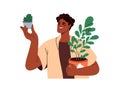 Happy black man holding plants in hands. Smiling person with flowerpots. Character growing green leaf houseplant and