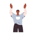 Happy black man looking up with hands gesture, arms up. Smiling excited person asking god, praising, thanking. Watching