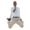 Happy black man, portrait and jump for business, success or celebration on a white studio background. Excited African Royalty Free Stock Photo