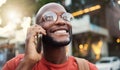 Happy black man, thinking and phone call in city for vision, communication or outdoor discussion. Face of African male Royalty Free Stock Photo