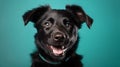 Happy black puppy smiling on an isolated green-blue light background Royalty Free Stock Photo
