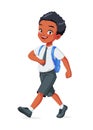 Happy Black school boy walking. Cartoon vector illustration. Royalty Free Stock Photo