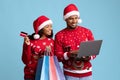 Happy black shopaholics using laptop, buying New Year gifts