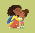 Happy black skin mother hugging cute little daughter enjoying happy motherhood vector illustration