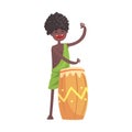 Black skinned man aborigine playing on ethnic drum