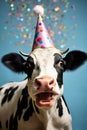 happy black and white spotted cow in a partyhat under falling confetti on a blue background. vertical funny animal concept