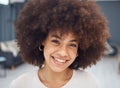 Happy black woman afro and portrait smile with teeth in satisfaction for great hair day at the salon. African American