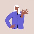 A Happy Black Woman In A Business Suit Shows The OK Sign. The Ok Gesture. Colorful Flat Vector Illustration On Isolated