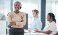 Happy black woman, call center and contact us for customer service and telemarketing insurance agents at help desk Royalty Free Stock Photo