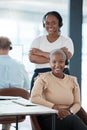 Happy, black woman and call center team smile in contact us, customer service or telemarketing at the office. Portrait Royalty Free Stock Photo