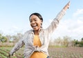 Happy black woman, farmer and celebrate in portrait for success, harvest or goal in farming industry. Woman, agriculture Royalty Free Stock Photo