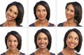 Happy black woman, headshot or collage on isolated white background for emoji or facial expression mosaic. Smile, face