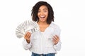 Happy black woman holding money and iPhone 11 pro max Royalty Free Stock Photo