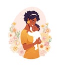 Happy black woman hugging her baby, beautiful flat vector cartoon illustration for mother s day, motherhood concept