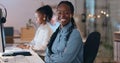 Happy black woman, portrait and call center at night for customer service, support or telemarketing at office. African Royalty Free Stock Photo