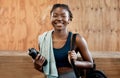 Happy black woman, portrait and fitness for workout, exercise or cardio training at the gym. Fit, active or sporty Royalty Free Stock Photo