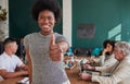 Happy black woman, portrait and thumbs up in meeting, business success or winning together at office. African female Royalty Free Stock Photo