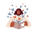 Happy black woman reading fiction book. Vivid imagination, fantasy concept. Girl reader with butterflies flying from Royalty Free Stock Photo