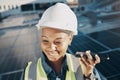 Happy black woman, solar panel and speaker phone call for photovoltaic plate, sustainability or project voice note Royalty Free Stock Photo