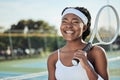 Happy black woman, tennis and professional on court with racket ready for match, game or outdoor sport. Face of African Royalty Free Stock Photo