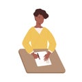 Happy black woman write paper document sitting on table vector graphic illustration. Positive dark skin female fill in