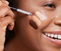 Happy black woman, zoom and foundation with brush for makeup, skincare and beauty with smile. Model, african woman and
