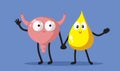 Happy Bladder and Pee Drop Vector Cartoon Humorous Illustration