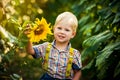 Happy blond boy in a shirt on sunflower field outdoors. Life style, summer time, real emotions Royalty Free Stock Photo