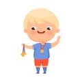 Happy Blond Boy Winner Holding Gold Medal and Waving Hand Vector Illustration Royalty Free Stock Photo