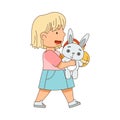 Happy Blond Girl Carrying Pile of Toys Playing in the Nursery Vector Illustration