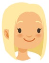 Happy blond girl head. Cartoon smiling kid portrait