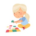 Happy Blond Girl with Ponytail Playing Jigsaw Puzzle on the Floor Vector Illustration