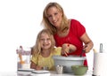 Happy blond mother and daughter baking