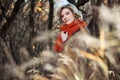 Happy blond fashion woman in autumn forest Royalty Free Stock Photo