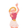 Happy Blond Woman Character in Hat Waving Hand and Smiling Vector Illustration