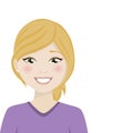 Happy blond woman with purple shirt on a white background